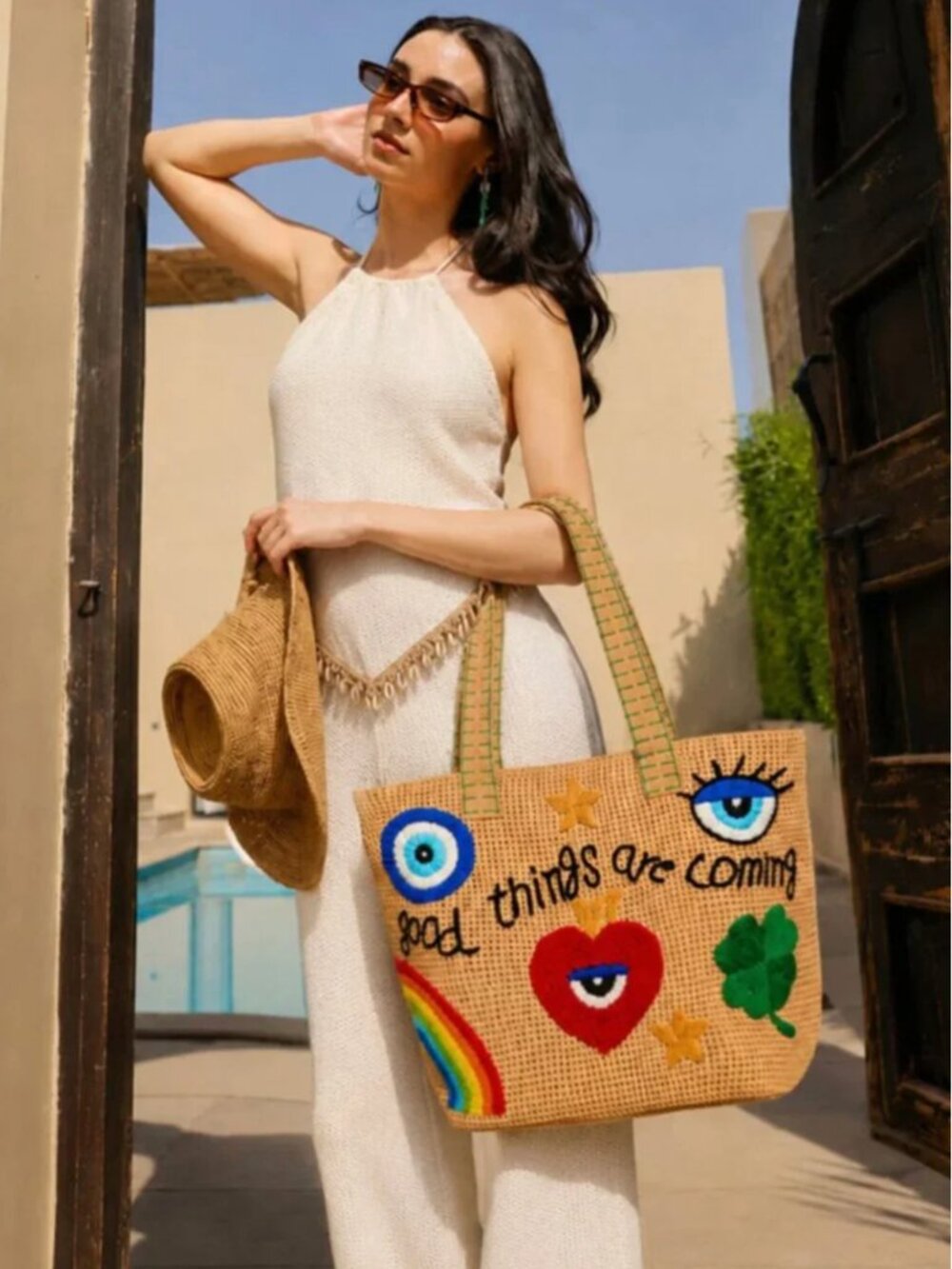 America & Beyond Good Things Are Coming Embroidered Jute Tote Handbag NWT - Picture 2 of 6